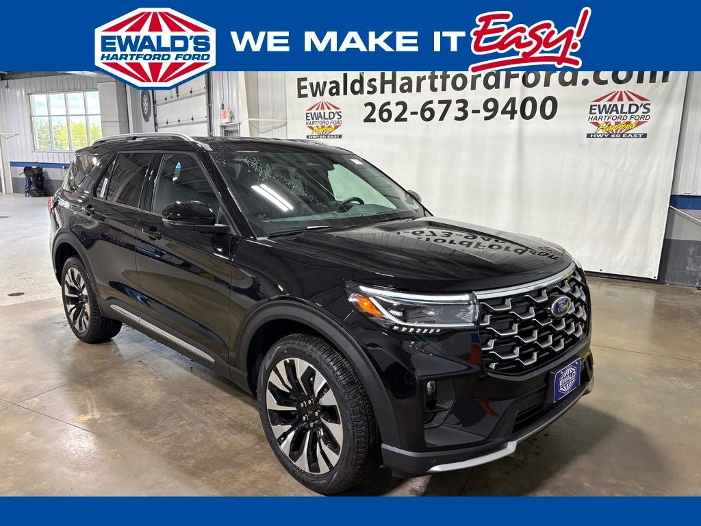 2026 Ford Explorer Platinum in Agate Black Metallic — front three-quarter view