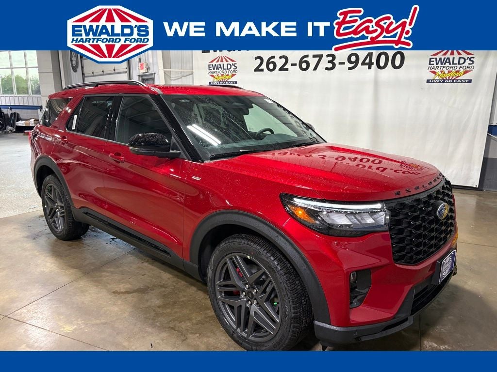 2026 Ford Explorer ST-Line in Red Metallic — front three-quarter view