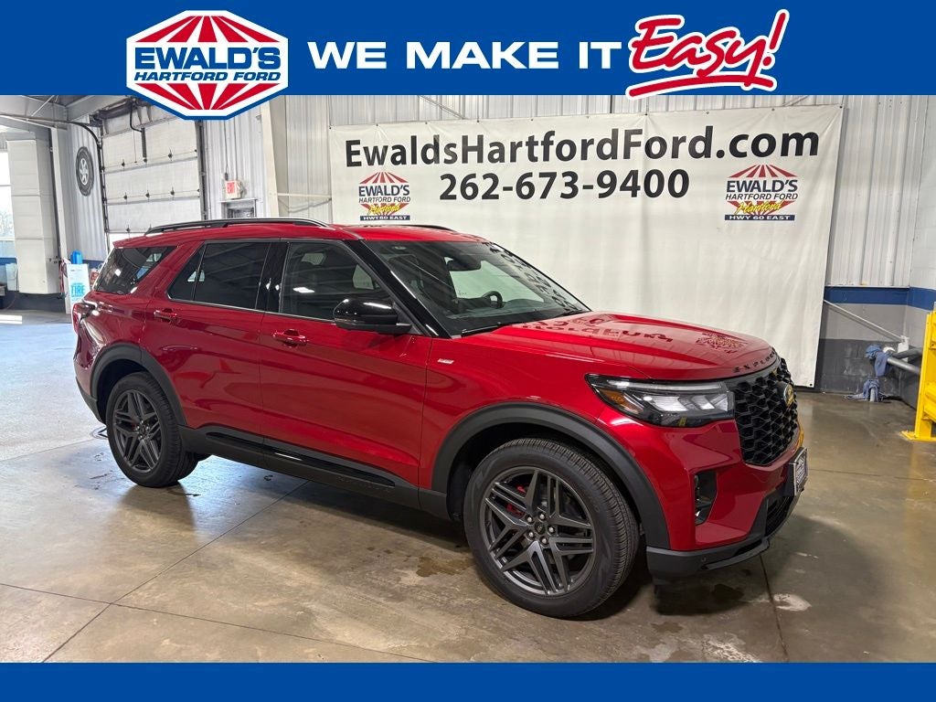 2026 Ford Explorer ST-Line in Rapid Red Metallic Tc — front three-quarter view
