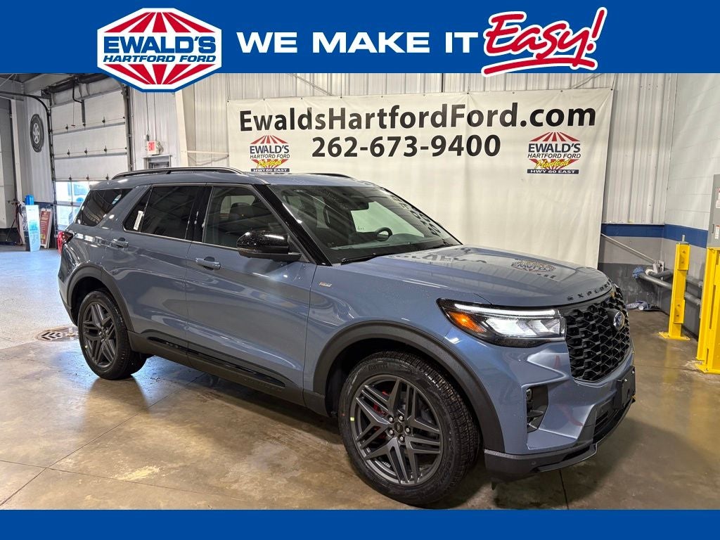2026 Ford Explorer ST-Line in Vapor Blue Metallic — front three-quarter view