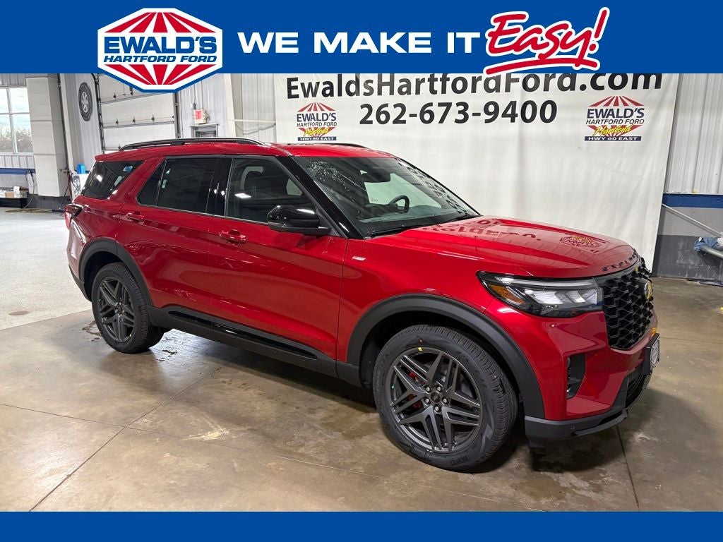 2026 Ford Explorer ST-Line in Rapid Red Metallic Tc — front three-quarter view