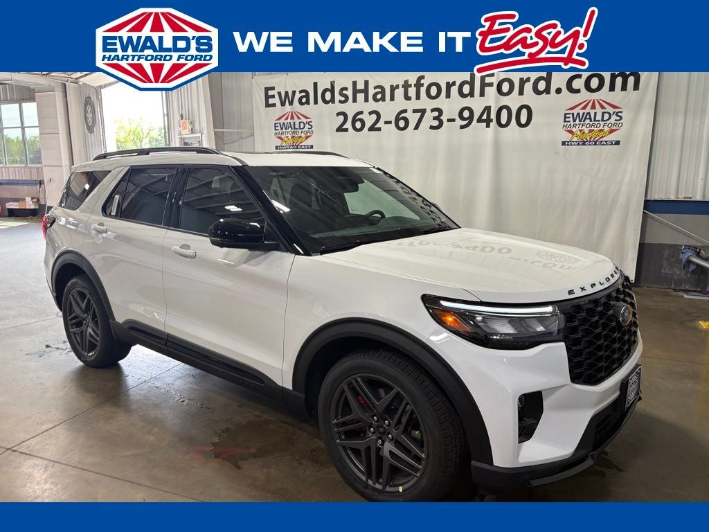 2026 Ford Explorer ST in Star White Metallic Tri-Coat — front three-quarter view