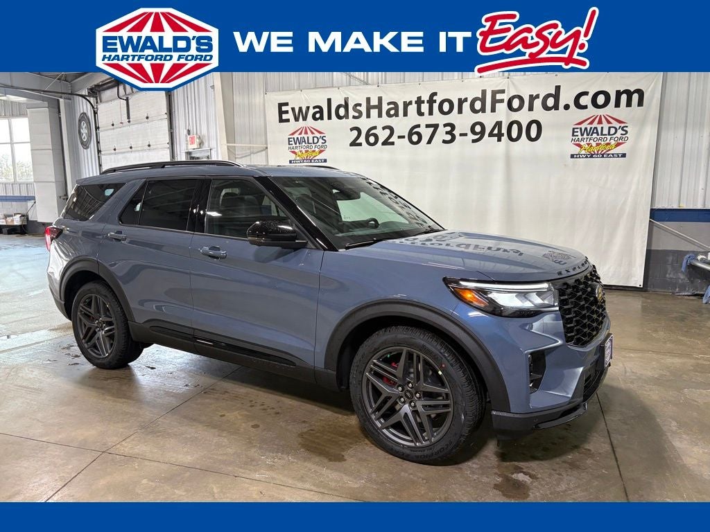 2026 Ford Explorer ST in Vapor Blue Metallic — front three-quarter view
